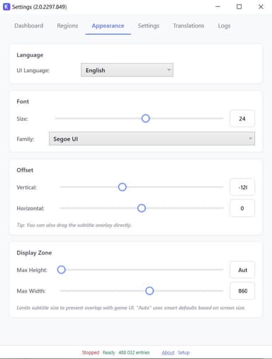 Panel ustawień aplikacji Kaption
