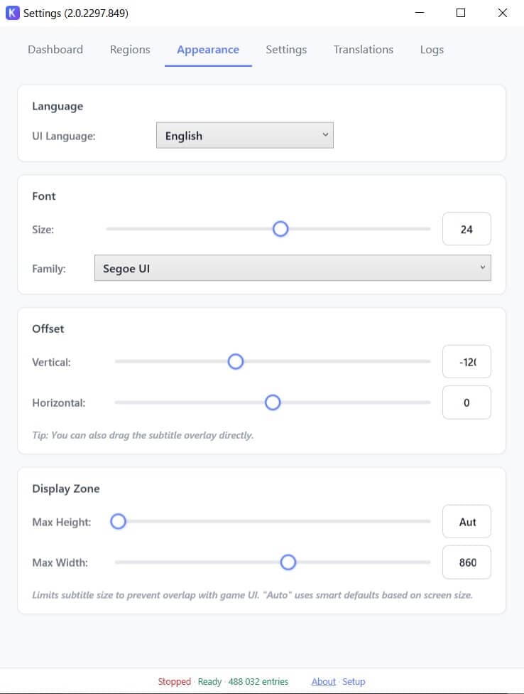 Panel ustawień aplikacji Kaption z wyborem gry, języka i profilu OCR