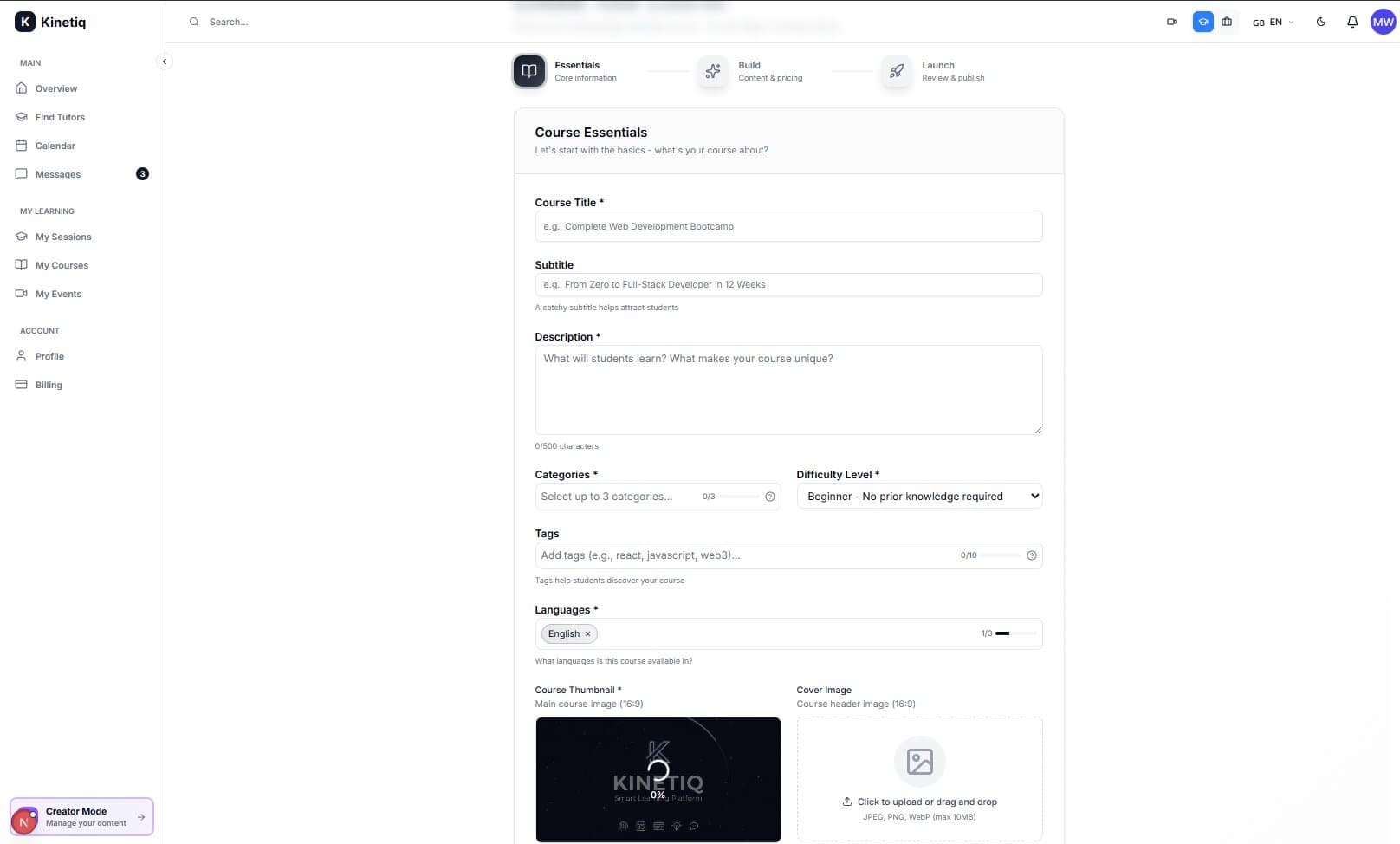 Course Builder - Create courses with essential information and pricing